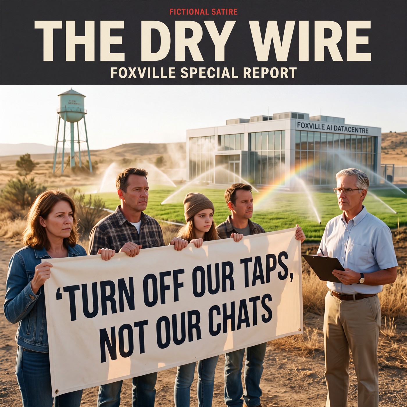 Earnest Foxville protesters hold a Turn off our taps, not our chats banner while sprinklers water a data centre lawn.